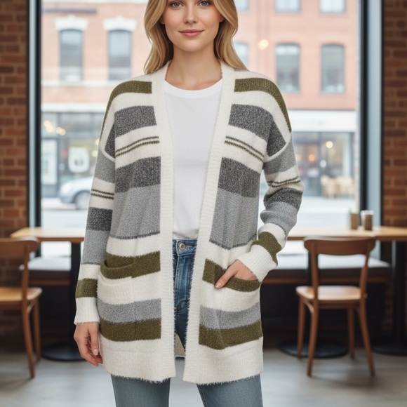 Pink Clover Cozy Striped Open-Front Cardigan Sweater Size S - Picture 1 of 11